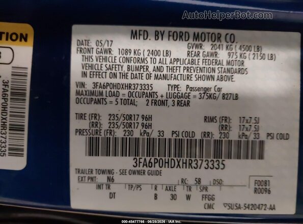3FA6P0HDXHR373335 2017 FORD FUSION Blue Շարժիչի բաժամունքի տեսք