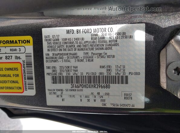 3FA6P0HDXHR396680 2017 FORD FUSION Gray Engine compartment view