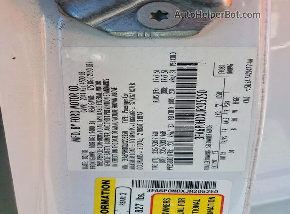 3FA6P0HDXJR205250 2018 FORD FUSION White ძრავის განყოფილების ხედი