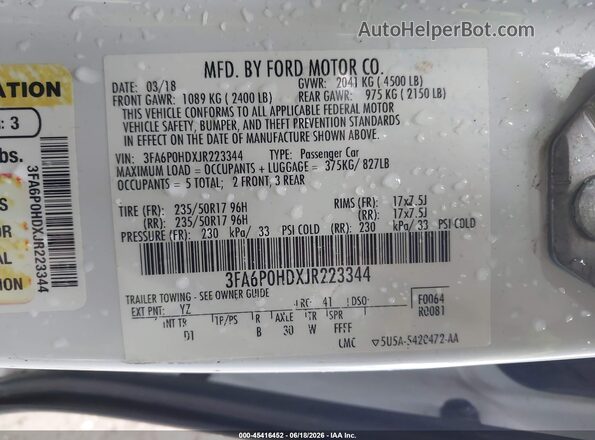 3FA6P0HDXJR223344 2018 FORD FUSION White Engine compartment view