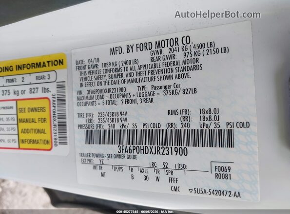 3FA6P0HDXJR231900 2018 FORD FUSION White Շարժիչի բաժամունքի տեսք