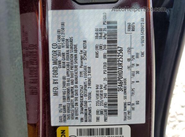 3FA6P0HDXJR252567 2018 FORD FUSION Maroon Вид підкапотного простору
