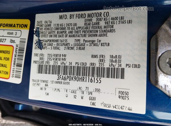 3FA6P0K90HR116155 2017 FORD FUSION Blue ძრავის განყოფილების ხედი