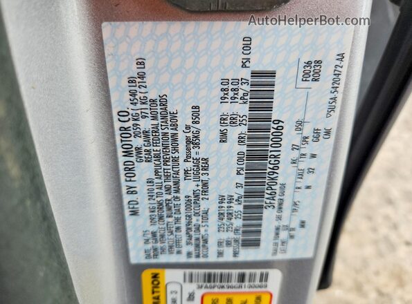 3FA6P0K96GR100069 2016 FORD FUSION Silver Engine compartment view