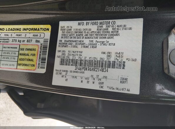 3FA6P0K96HR214834 2017 FORD FUSION Gray Vista del compartimento del motor