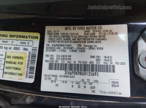 3FA6P0K98GR135695 2016 FORD FUSION Black Engine compartment view