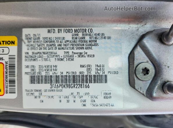 3FA6P0K98GR228166 2016 FORD FUSION Silver 