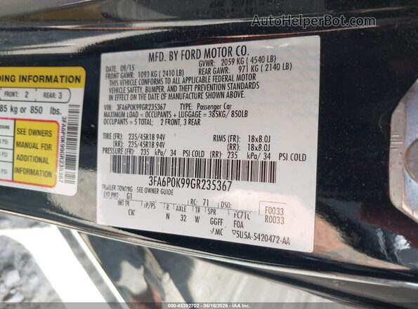 3FA6P0K99GR235367 2016 FORD FUSION Black Vista del compartimento del motor