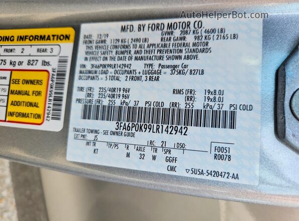 3FA6P0K99LR142942 2020 FORD FUSION Silver Vista del compartimento del motor