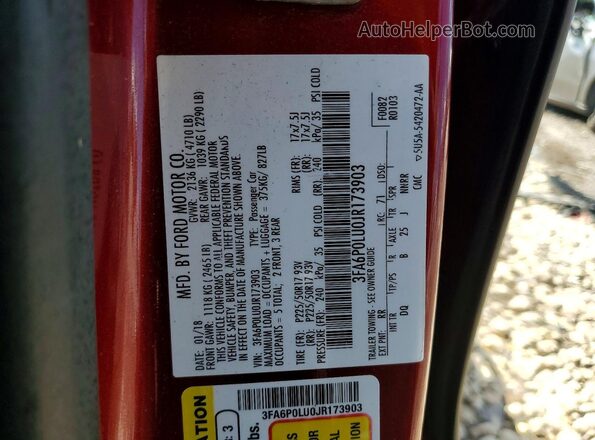 3FA6P0LU0JR173903 2018 FORD FUSION Red Շարժիչի բաժամունքի տեսք