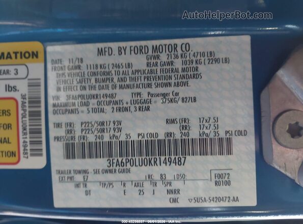 3FA6P0LU0KR149487 2019 FORD FUSION HYBRID Blue Vista del compartimento del motor