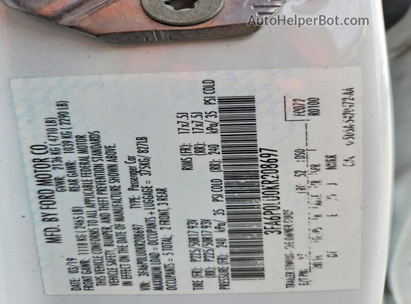 3FA6P0LU0KR208697 2019 FORD FUSION White Engine compartment view