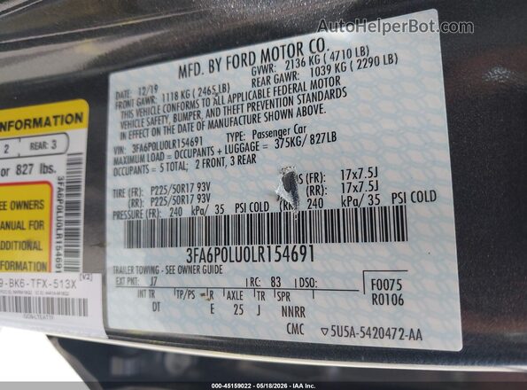 3FA6P0LU0LR154691 2020 FORD FUSION Gray 