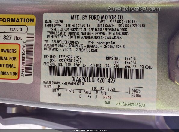 3FA6P0LU0LR201427 2020 FORD FUSION Silver Vista del compartimento del motor