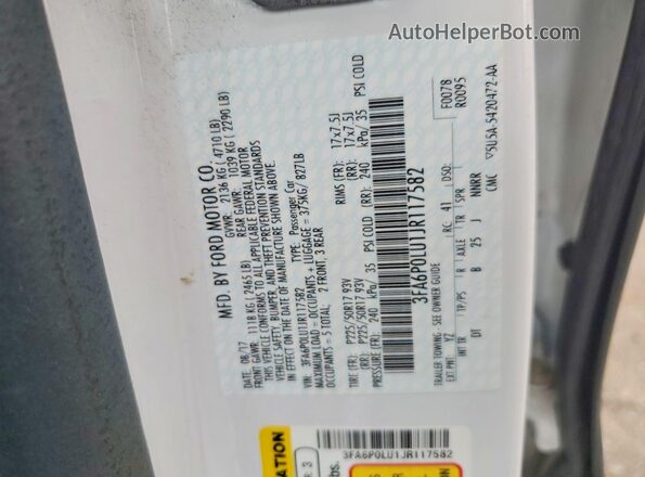 3FA6P0LU1JR117582 2018 FORD FUSION Белый Вид подкапотного пространства