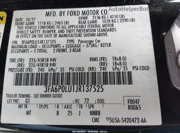 3FA6P0LU1JR137525 2018 FORD FUSION HYBRID Black Engine compartment view
