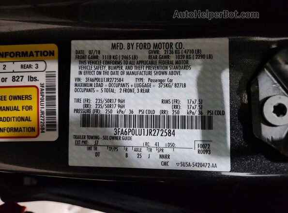 3FA6P0LU1JR272584 2018 FORD FUSION Gray Engine compartment view