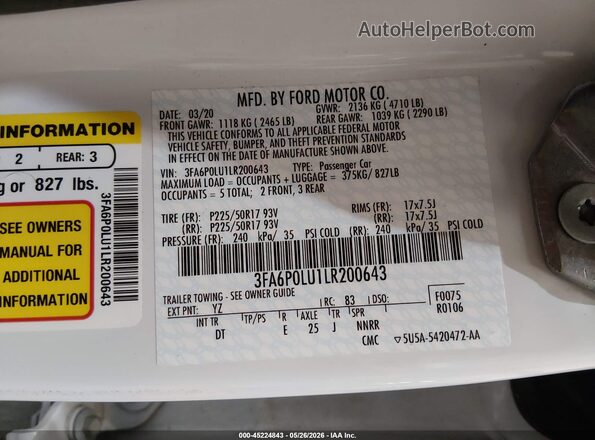 3FA6P0LU1LR200643 2020 FORD FUSION White Vista del compartimento del motor