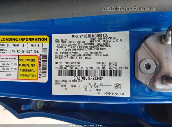 3FA6P0LU1LR223484 2020 FORD FUSION Синий Вид подкапотного пространства
