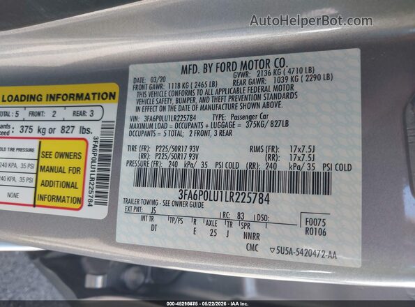 3FA6P0LU1LR225784 2020 FORD FUSION Silver 