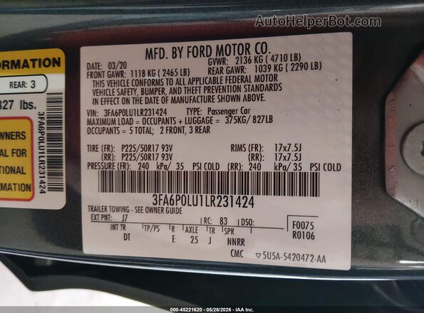 3FA6P0LU1LR231424 2020 FORD FUSION Gray Vista del compartimento del motor