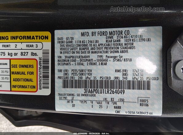 3FA6P0LU1LR264049 2020 FORD FUSION Gray ძრავის განყოფილების ხედი