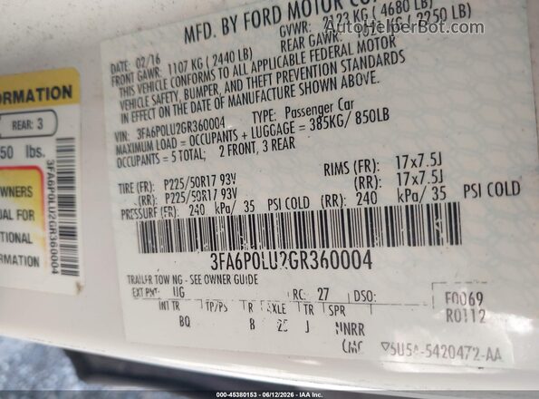 3FA6P0LU2GR360004 2016 FORD FUSION HYBRID Белый Вид подкапотного пространства