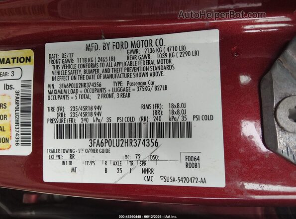 3FA6P0LU2HR374356 2017 FORD FUSION HYBRID Темно-бордовый Вид подкапотного пространства