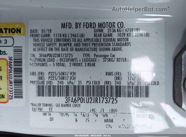 3FA6P0LU2JR173725 2018 FORD FUSION HYBRID White Vista del compartimento del motor