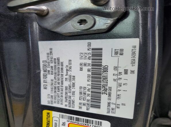 3FA6P0LU2KR178005 2019 FORD FUSION Charcoal Engine compartment view