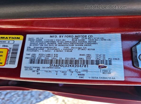 3FA6P0LU2KR204781 2019 FORD FUSION Red Widok komory silnika