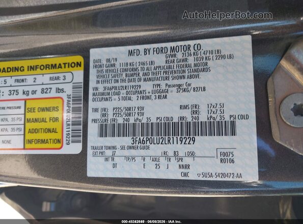 3FA6P0LU2LR119229 2020 FORD FUSION Gray Engine compartment view