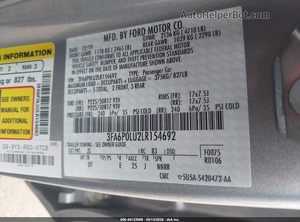 3FA6P0LU2LR154692 2020 FORD FUSION Silver 