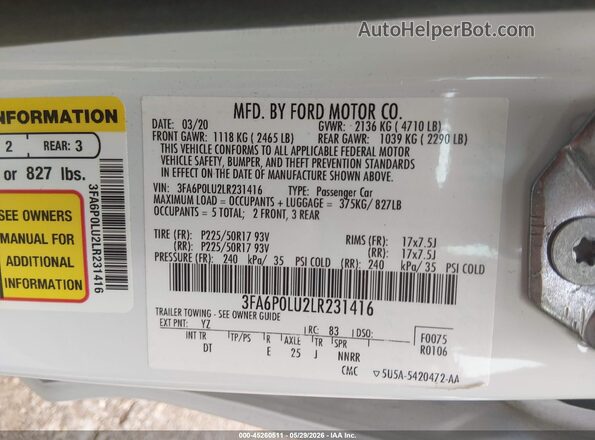 3FA6P0LU2LR231416 2020 FORD FUSION White Vista del compartimento del motor