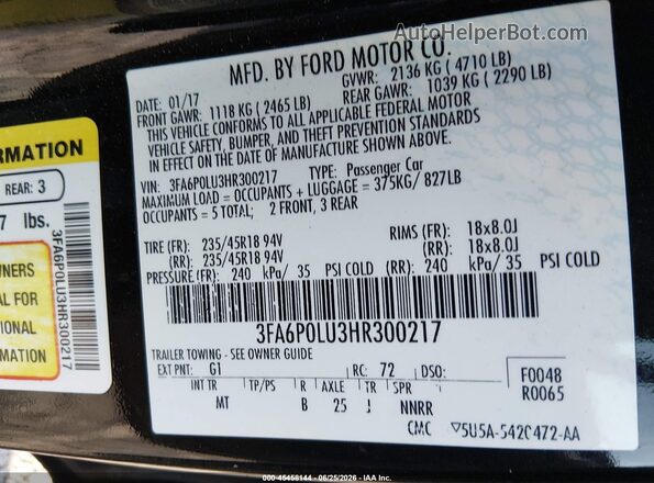 3FA6P0LU3HR300217 2017 FORD FUSION HYBRID Black Vista del compartimento del motor