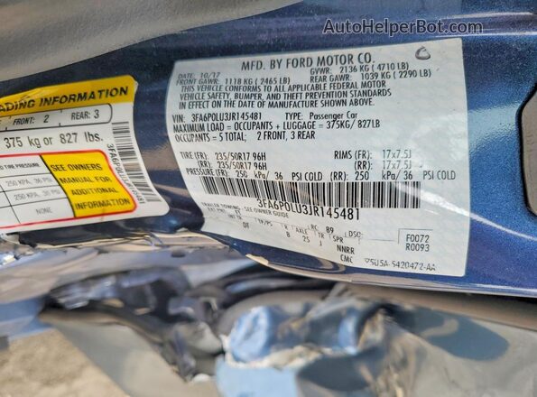 3FA6P0LU3JR145481 2018 FORD FUSION Blue Շարժիչի բաժամունքի տեսք