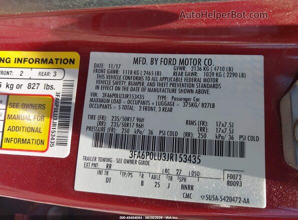 3FA6P0LU3JR153435 2018 FORD FUSION HYBRID Red Вид підкапотного простору