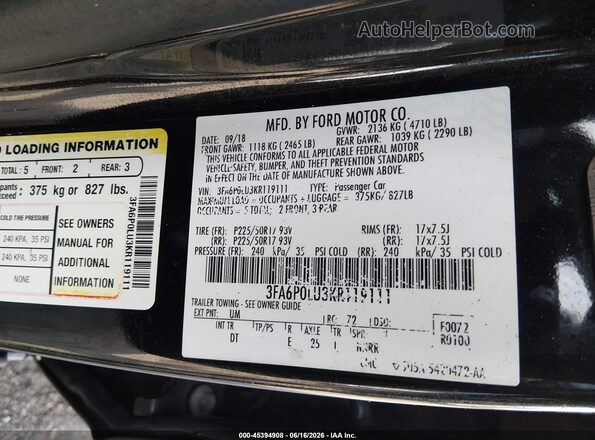 3FA6P0LU3KR119111 2019 FORD FUSION HYBRID Black ძრავის განყოფილების ხედი