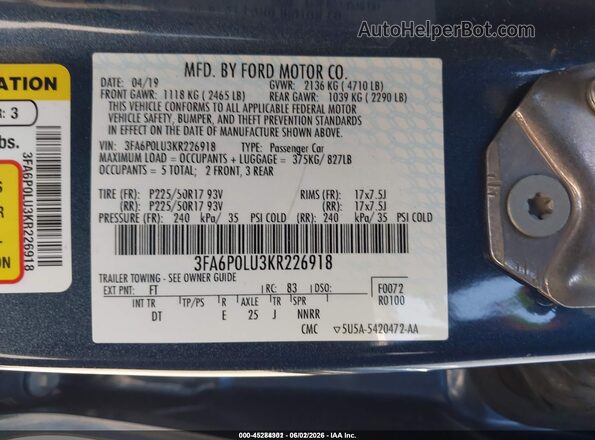 3FA6P0LU3KR226918 2019 FORD FUSION HYBRID Blue 