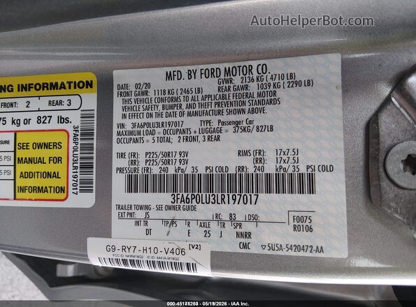 3FA6P0LU3LR197017 2020 FORD FUSION Silver Engine compartment view