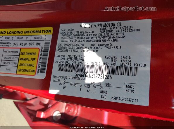 3FA6P0LU3LR221266 2020 FORD FUSION Red Engine compartment view