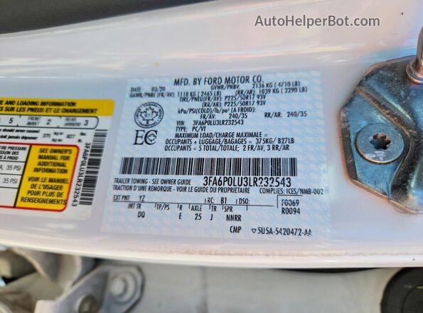 3FA6P0LU3LR232543 2020 FORD FUSION White Շարժիչի բաժամունքի տեսք