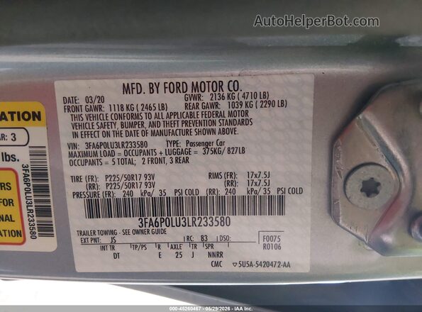 3FA6P0LU3LR233580 2020 FORD FUSION Silver Vista del compartimento del motor