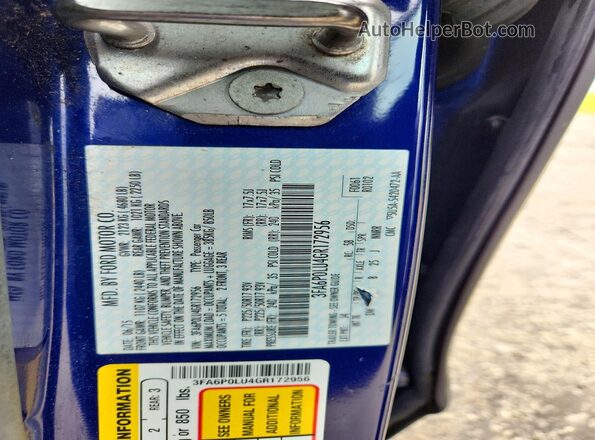 3FA6P0LU4GR172956 2016 FORD FUSION Blue Widok komory silnika
