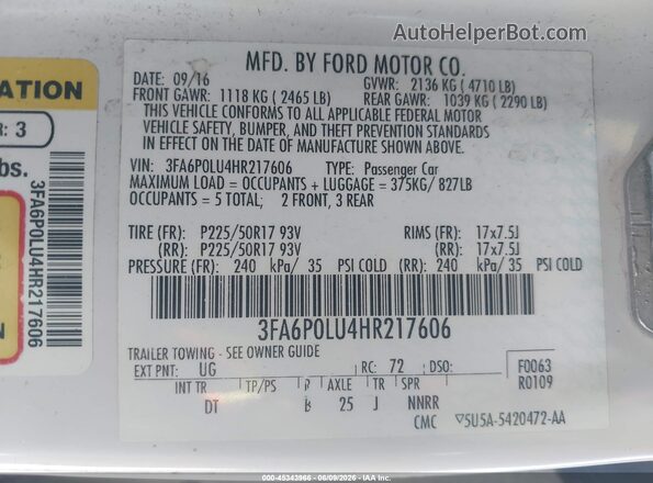3FA6P0LU4HR217606 2017 FORD FUSION HYBRID White Engine compartment view
