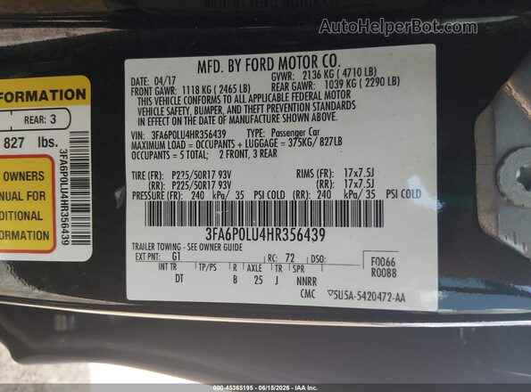 3FA6P0LU4HR356439 2017 FORD FUSION HYBRID Black 