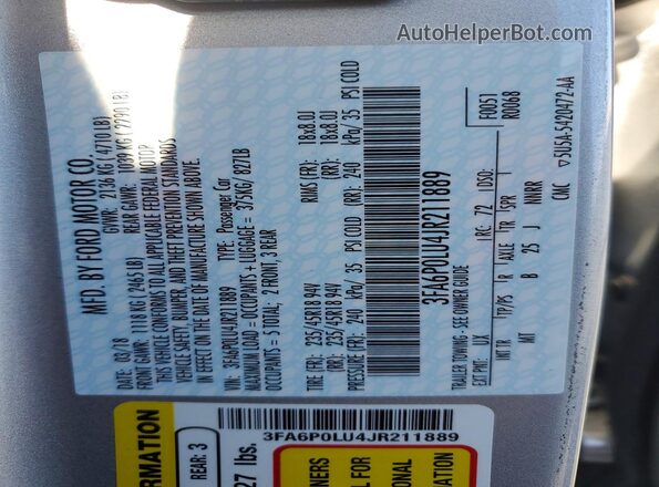 3FA6P0LU4JR211889 2018 FORD FUSION Silver Vista del compartimento del motor