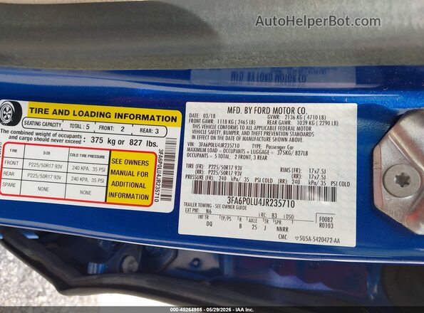 3FA6P0LU4JR235710 2018 FORD FUSION HYBRID Blue Engine compartment view