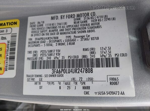 3FA6P0LU4JR247808 2018 FORD FUSION HYBRID Silver Շարժիչի բաժամունքի տեսք