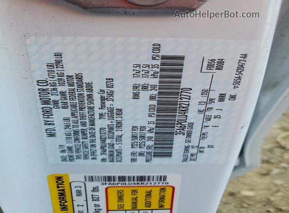 3FA6P0LU4KR212770 2019 FORD FUSION Белый Вид подкапотного пространства